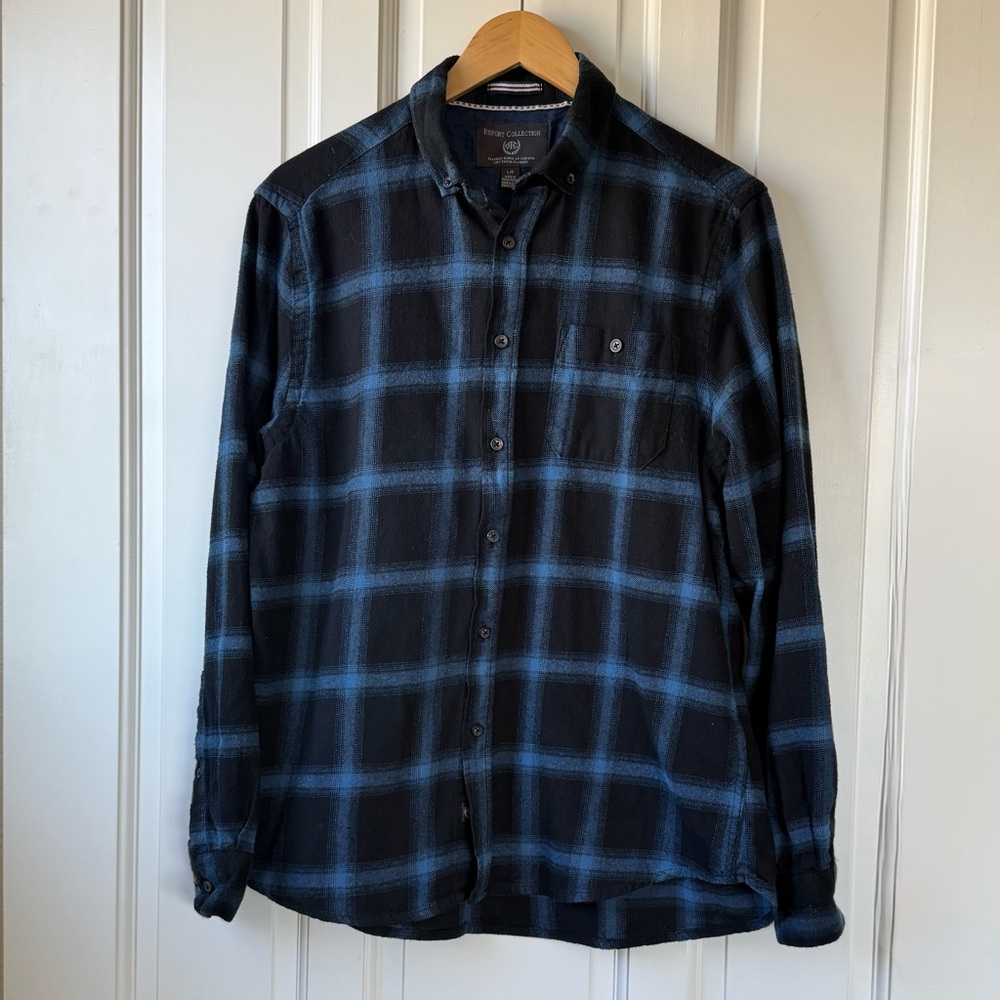 Report Collection EUC Blue and Black Plaid Flannel Men's Shirt Large